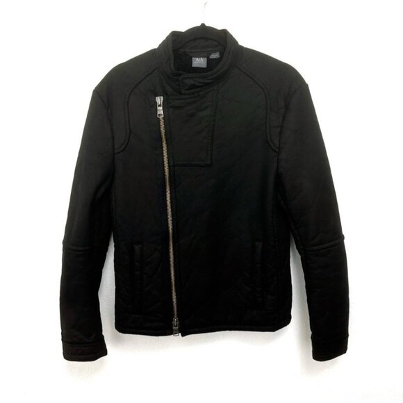 Armani Exchange Y2K Biker Moto Racer Zipper Jacket Sherpa Lined Black Bomber  S - Picture 1 of 11